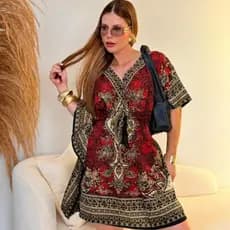 Vestido Feminino Curto Estilo Kaftan Indiano Saída De Praia Verão Estampado Boho