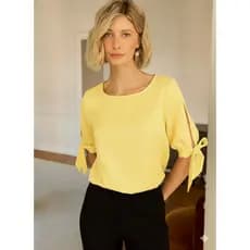 Blusa Feminina Elegante Manga 3/4 Detalhe em Laço Tecido Crepe Duna Festa
