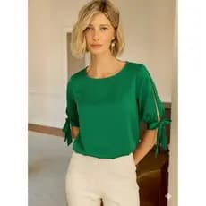 Blusa Feminina Manga 3/4 Natal com Amarração na Manga 8 Cores Elegante para Trabalho