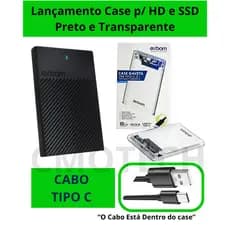 Case HD Externo SSD 2,5" USB Tipo-C 3.1 Sata III Capinha Transparente/Preto/Gaveta/Adaptador