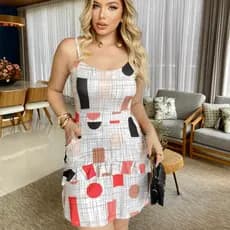 Vestido Lizz Feminino Curto Estampado com Alças Finas e Babado Moda Casual Leve
