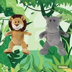 Dupla Animais Safari de Pelúcia Kit Decoração Leão, Elefante, Macaco, Girafa, Hipopótamo