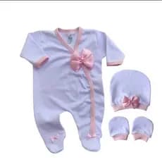 Kit com 3 Peças Macação Kimono Laço + Toca + Luvas Para Bebê Roupa Infantil Feminina