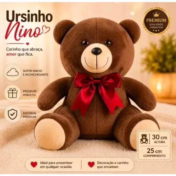 Urso Ursinho de Pelúcia Nino Marrom de 30CM Sentado com Laço + Coração