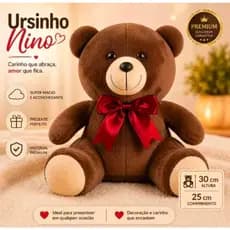 Urso Ursinho de Pelúcia Nino Marrom de 30CM Sentado com Laço + Coração