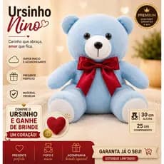 Urso Ursinho de Pelúcia Nino Azul Luxo Antialérgica Presente Decoração + Coração