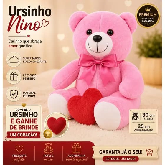 Ursinha Urso de Pelúcia Nina Rosa de 30cm com Laço (Postado Recentemente)
