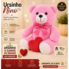 Ursinha Urso de Pelúcia Nina Rosa de 30cm com Laço (Postado Recentemente)