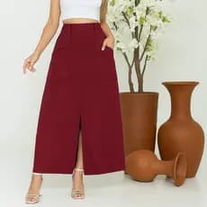 Saia Longa Cintura Alta Linho Forrada Com Bolsos Tendência P ao GG Oferta