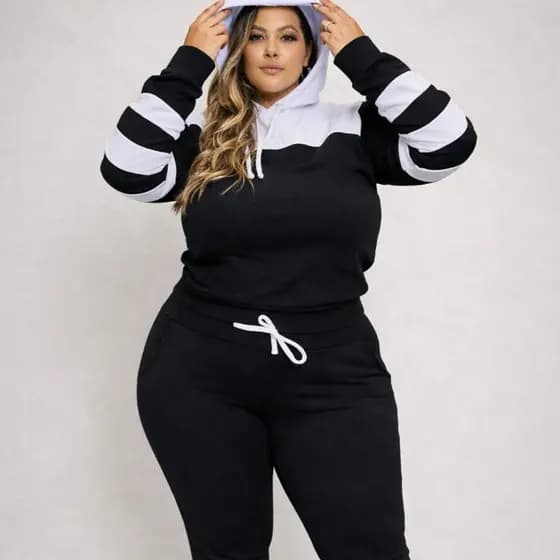 Conjunto Feminino Manga Comprida Capuz E Listra Plus Size