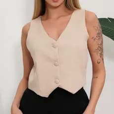 Coletinho Curto Feminino Forrado Alfaiataria C/ Botões Social Decote V Moda Atual