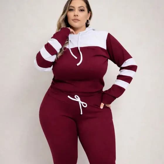 Conjunto Feminino Manga Longa Plus Size Grande Tipo Moletom Capuz Malha Crepe Moda Atual