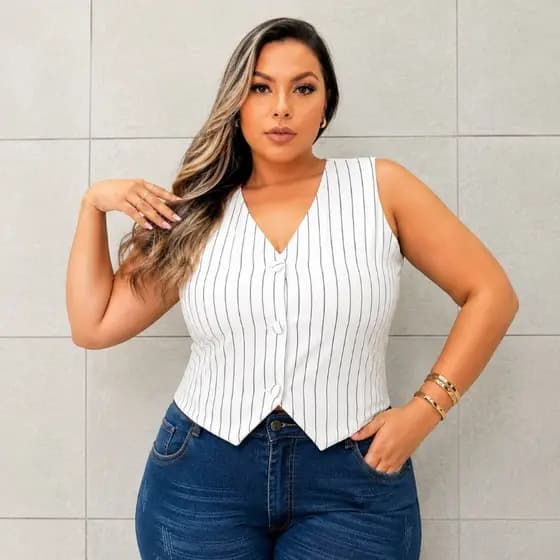 Coletinho Feminino Plus Size Listrado Decote V Botões Alfaiataria