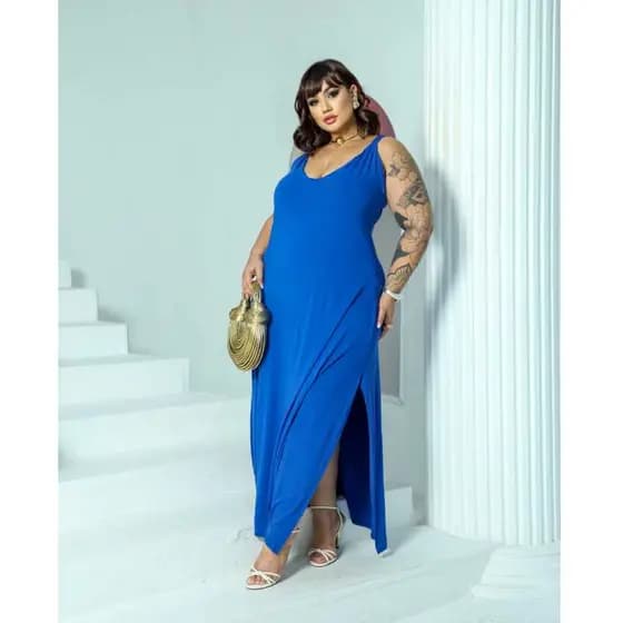 VESTIDO LONGO AZUL CANETA  PLUS SIZE VISCOLYCRA DECOTE EM V COM ABERTURA LATERAL VESTE DO 46 AO 52