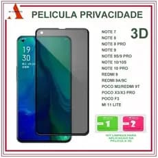 Kit Película Xiaomi Redmi Privacidade de Vidro 3D Para Redmi12/12C/13C/10/10C/11/9A/9C/9T/Poco X3/F3 /
