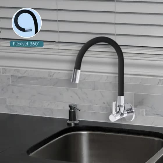 Torneira de Cozinha Lavanderia - Preta e Prata - Parede - Gourmet Flexível Silicone Pia 1/4 de Volta