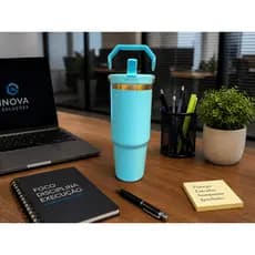 Personalizado - Garrafa Flip Straw Tumbler com Alça Superior e Canudo (900ml) - Verde Água