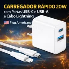 Carregador Rápido 20W com Portas USB-C e USB-A e Cabo Lightning - Plug Americano
