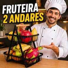 Fruteira Cesto Organizador 2 Andares Preto Metal Aramado Alça Madeira Cozinha Mesa