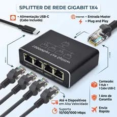 Switch Gigabit Ethernet 1 x 4 Alta Velocidade RJ45 1000Mbps Divisor PC Roteador