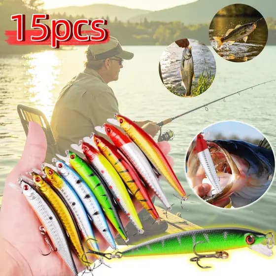 Kit 15 Lures Iscas Artificiais Importadas 3D Olhos Wobblers Crankbait Meia Água Pesca Truta Peixe Realista Anzol Duplo