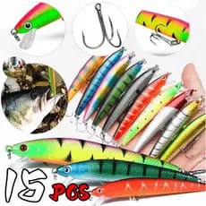 15pçs Isca De Pesca Artificial Isca Dura de Qualidade Minnow Lure 3D Plástico Wiggle De Plástico Isca Acessórios Pesca