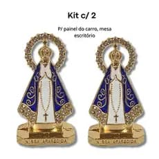 Kit 2 Imagens Nossa Senhora Aparecida Metal Com Lustre Para Carro , Mesa , Escritório