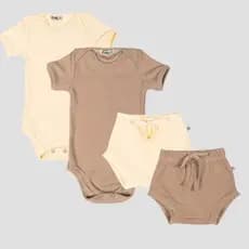 Kit 2 Conjuntos RN ao GG Body Bebê Manga Curta e Short Canelado Ribana Verão Tapa Fralda 05k2