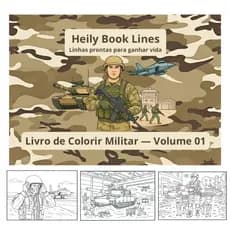 Livro de Colorir Militar Heily Book Lines Tema de Exército 30 Desenhos A5 Papel Grosso 180g + Acetato