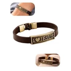 Pulseira Religiosa Eu Amo Jesus Unissex Couro Marrom com Placa Metálica