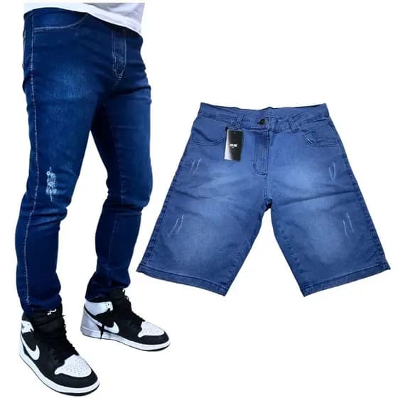 Kit Com 1 Calça Jeans Masculina e 1 Bermuda Jeans Masculina Denim Trabalho e Passeio