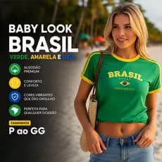 Camiseta Baby Look Brasil Feminina Algodão Estampa DTF – Verde, Amarelo e Azul | P ao GG