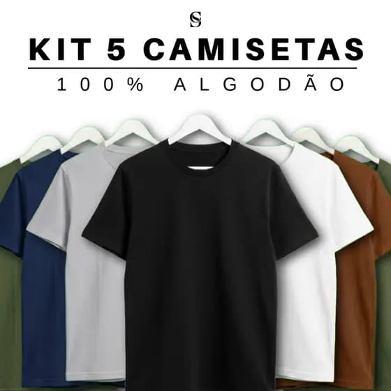 KIT 5 CAMISETAS PRETAS LISAS MASCULINA 100% ALGODÃO