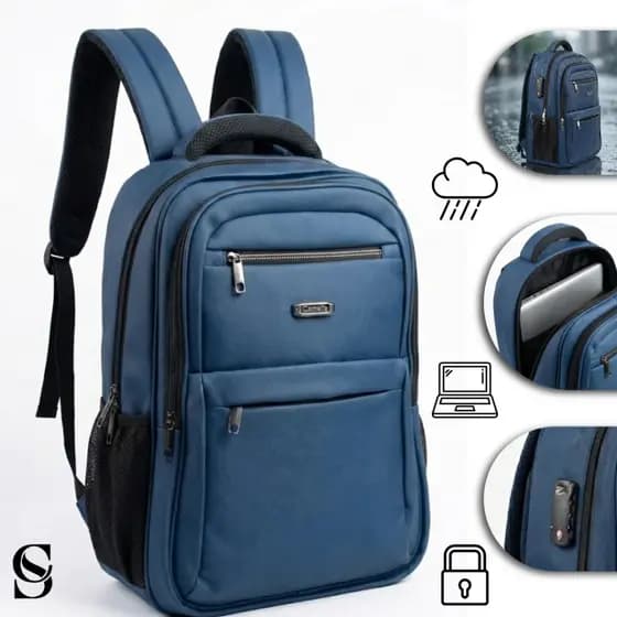 Mochila Executiva Masculina Notebook couro sintético Azul cadeado impermeável para trabalho faculdade escola