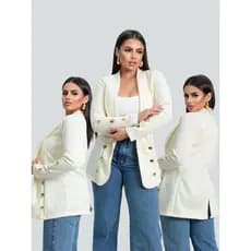 Blazer Social Liso Botões Alongado Feminino Acinturado Neoprene
