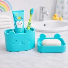 Kit Infantil Porta-Escova + Saboneteira Ursinho de Banheiro Infantil Decorativo e Funcional