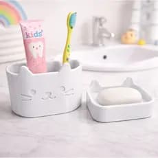 Kit Infantil Porta-Escova + Saboneteira Gatinho de Banheiro Infantil Decorativo e organizado
