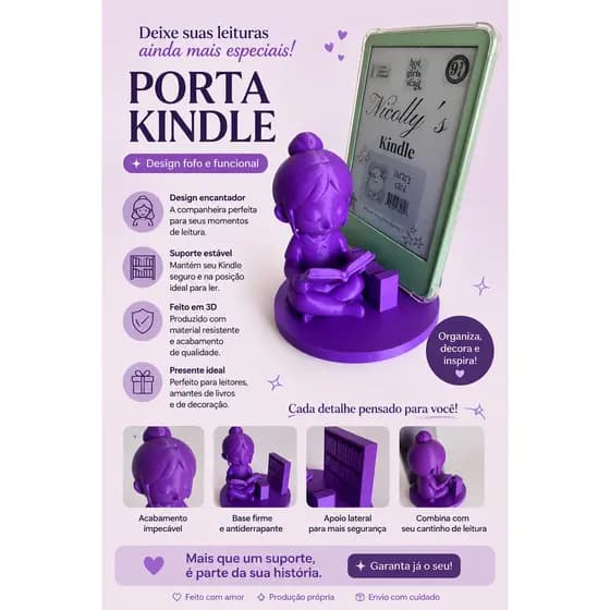 Suporte Kindle Decorativo em Impressão 3D | Suporte para Kindle | Presente para Leitores | Para Book Lovers