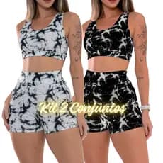 Kit 2 Conjuntos Shorts e Top Marmorizado Explosão Estampado Fitness Academia Ginastica