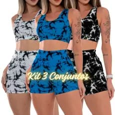 Kit 3 Conjuntos Shorts e Top Marmorizado Explosão Estampado Fitness Academia Ginastica