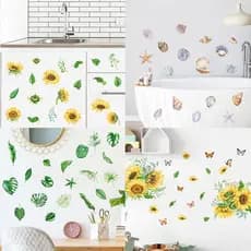 Folhas verdes, girassóis, conchas, adesivos decorativos para parede