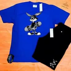 Kit conjunto camiseta 100% algodão bermuda tectel social praia relogio prova d'água coelho skate
