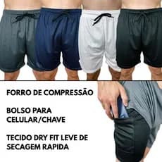 Kit 3 Short 2 em 1 Dry Fit Masculino Forro Compressão com Bolso Academia Corrida