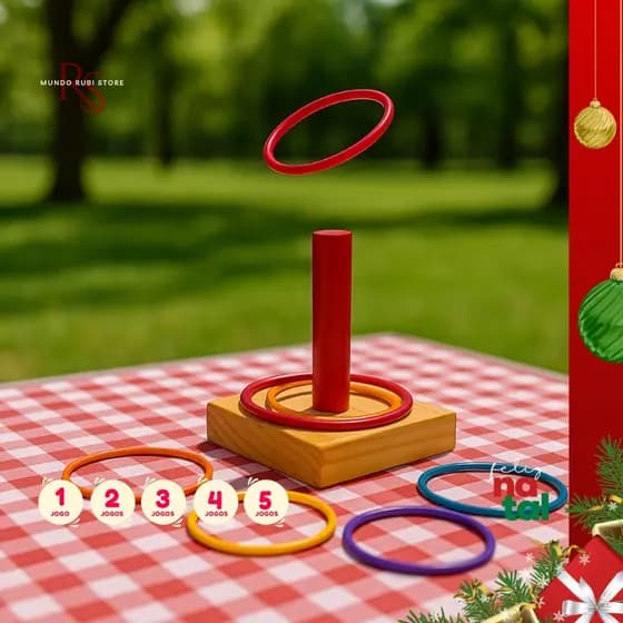 Jogo de Argolas Artesanal Natal Brincadeiras Prendas Festa Junina 1 Pino e 5 Argolas - Cores Sortidas