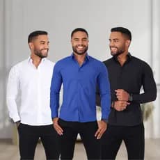 Kit com 3 camisas social masculina manga longa slim fit sem bolso