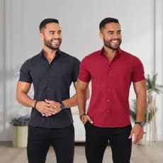 Kit 2 camisas social manga curta lisa slim fit luxo algodão premium