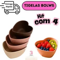 Kit Com 4 Tigelas Coração De Fibra De Bambu  Bowl 500ML Para Salada Sobremesa