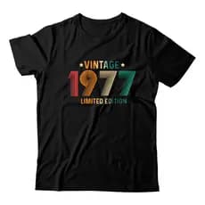 Camiseta Preta Unissex Básica Vintage Safra 1977 Fem Masc