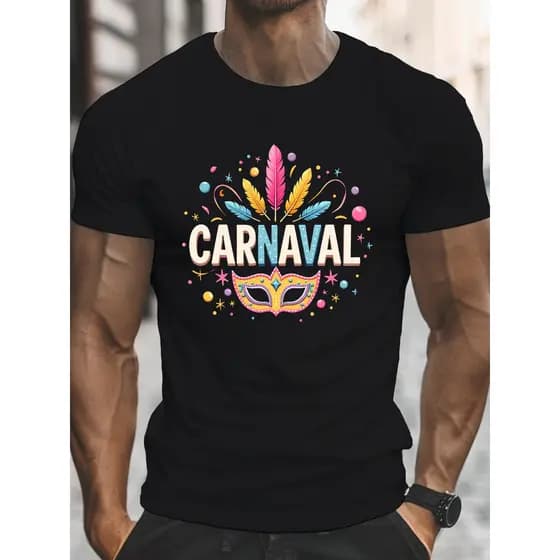 Camiseta Masculina Carnaval Máscaras Penas Coloridas Estampa Vibrante Poliéster Leve Gola Redonda Manga Curta