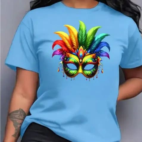 Camiseta Feminina Slim Mascara Carnaval Colorida 2025 Tshirt Cores Confortavel Algodão